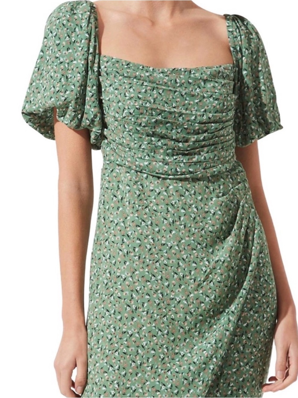ASTR The Label Green Floral Square-Neck Bubble Sleeve Midi Dress XS
